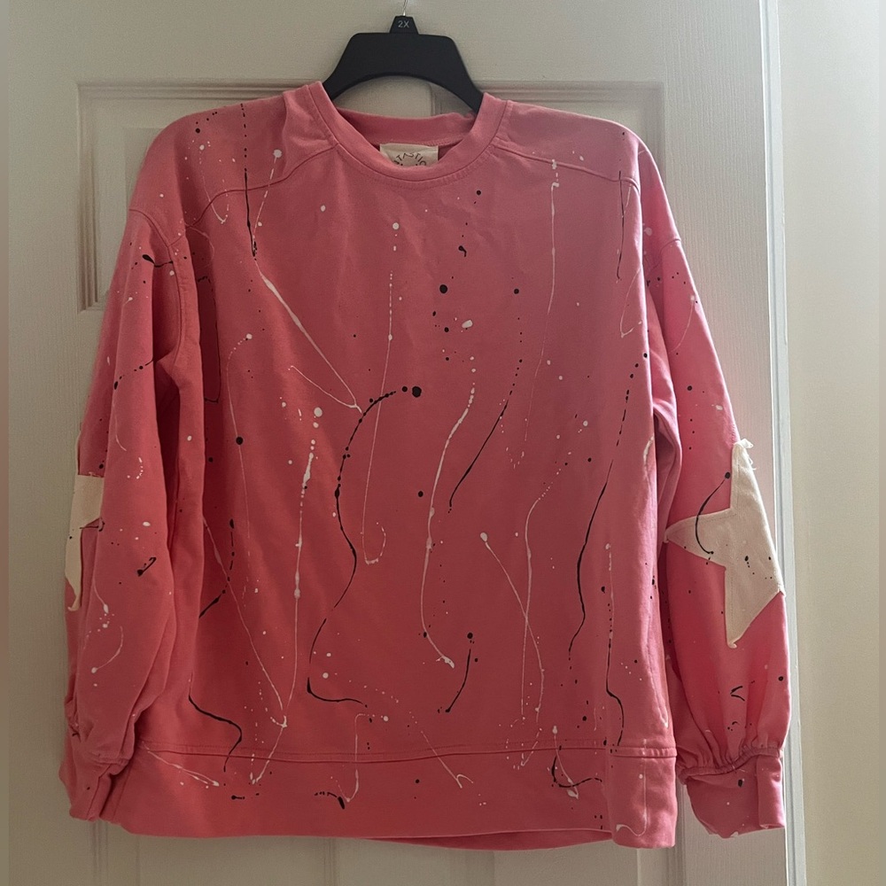 EUC - Fantastic Fawn - Pink Splatter Paint Sweatshirt with Star Elbows - Size M